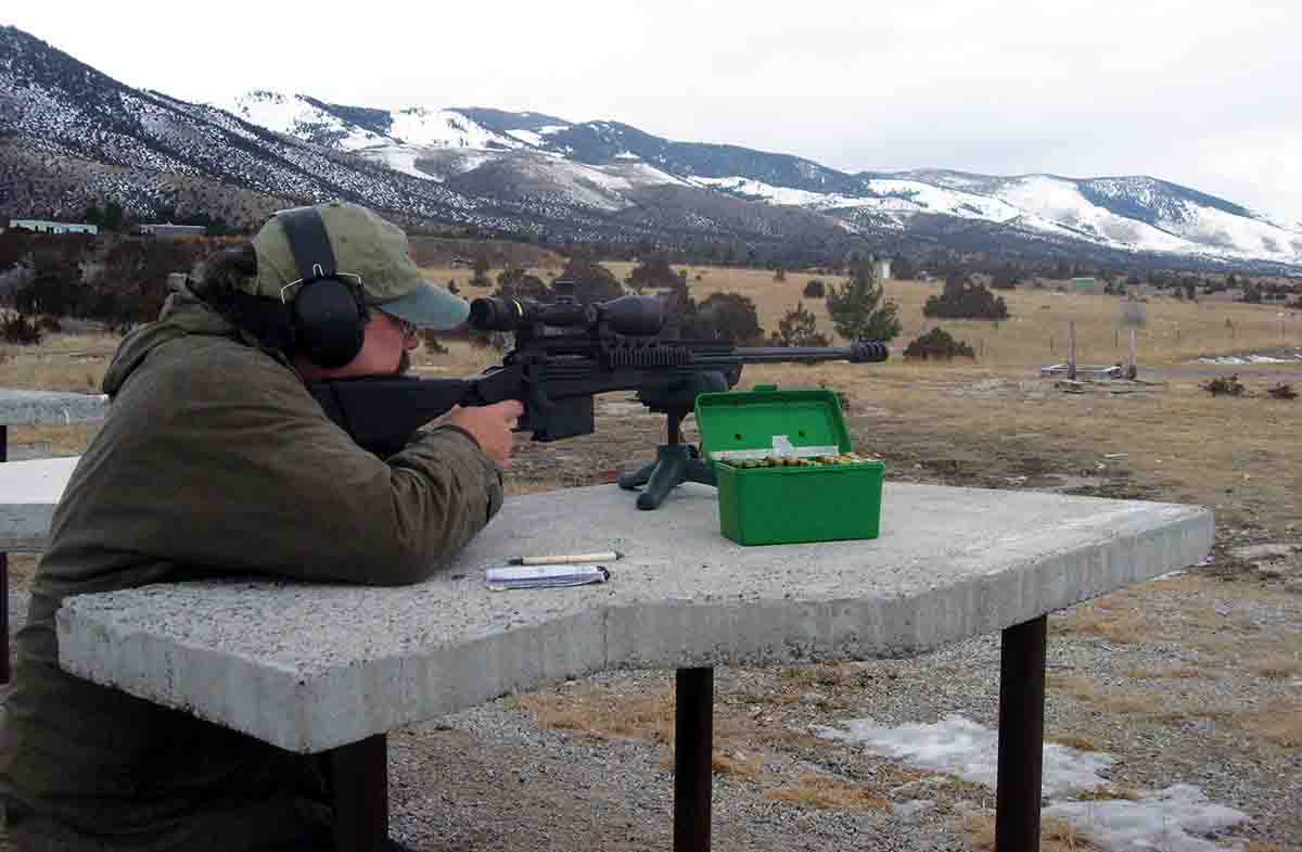 John had only shot one group on paper at 1,000 yards, using this Savage 110 BA .338 Lapua Magnum. Three shots grouped into a little over 7 inches. Most of his long-range practice is at gongs and sandbanks.